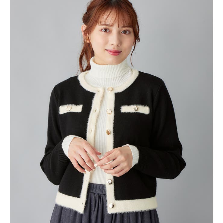 もっちりタッチフェザー配色ニットカーデ [品番：ATTW0007383]｜alotta