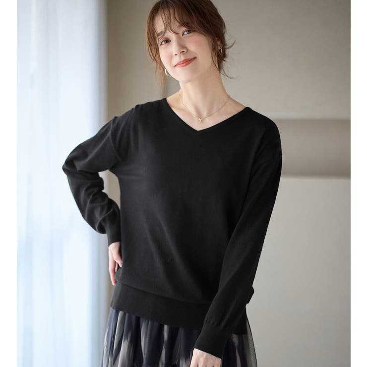 ブラック | 洗えるもちもちゆるシンプルニットⅤネック | Viola e Viola