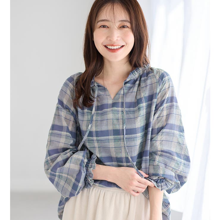 ブルー系 | 華やかチェック柄カフタンブラウス | Viola e Viola