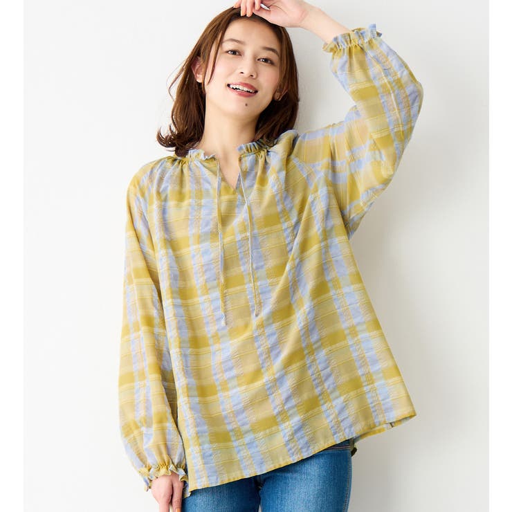 イエロー系 | 華やかチェック柄カフタンブラウス | Viola e Viola