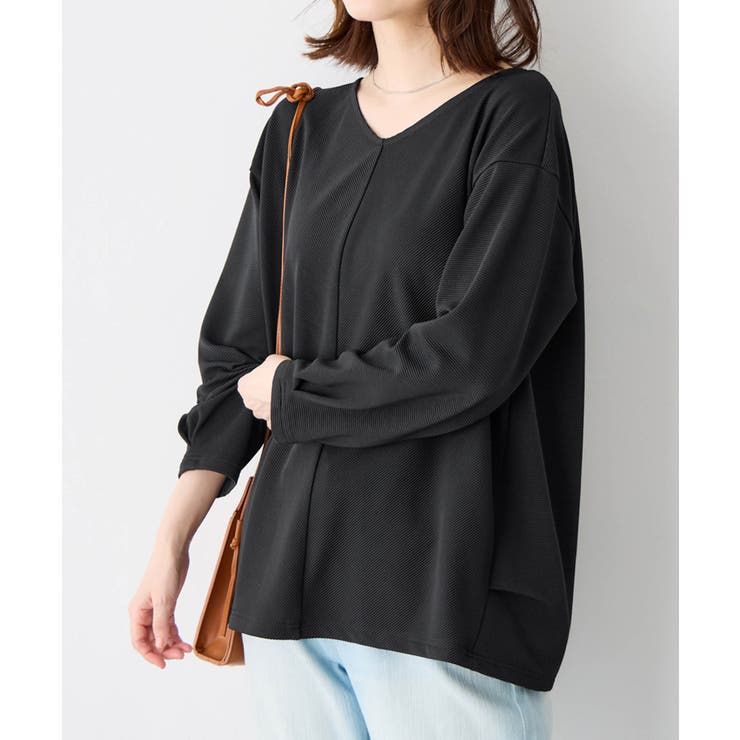 ブラック | 細見えラインリップル切替トップス | Viola e Viola