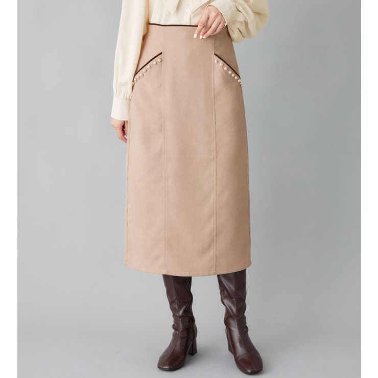 ベージュ | パール調ボタン付配色タイトスカート    | alotta