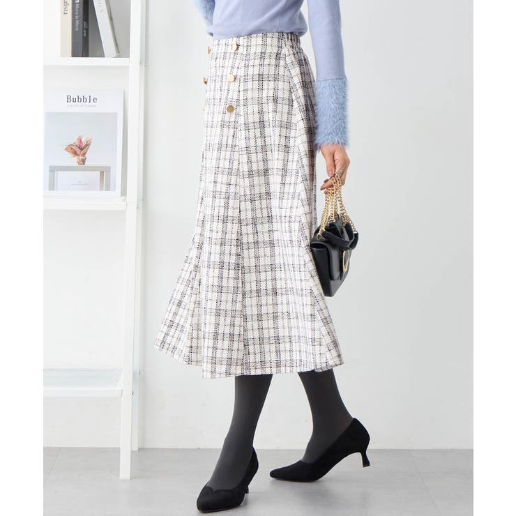 オフホワイト | 高見えツイードチェックフレアースカート | alotta