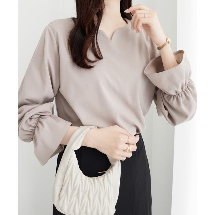 グレージュ | 【裏起毛】キャンディースリーブハートネックブラウス | alotta