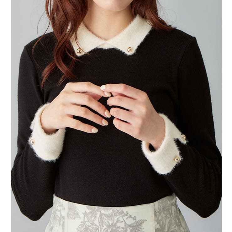 ブラック | もっちりタッチ衿付フェザー切替配色ニット | alotta