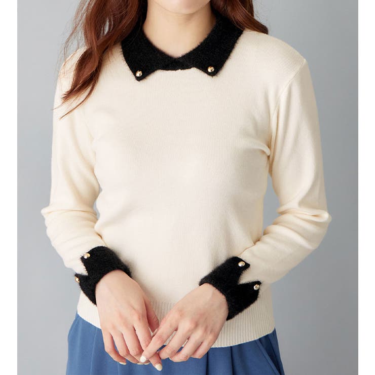 アイボリー | もっちりタッチ衿付フェザー切替配色ニット | alotta