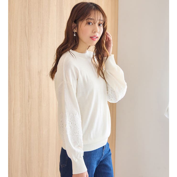カシミヤタッチふんわり袖レースニット | alotta | 詳細画像1 