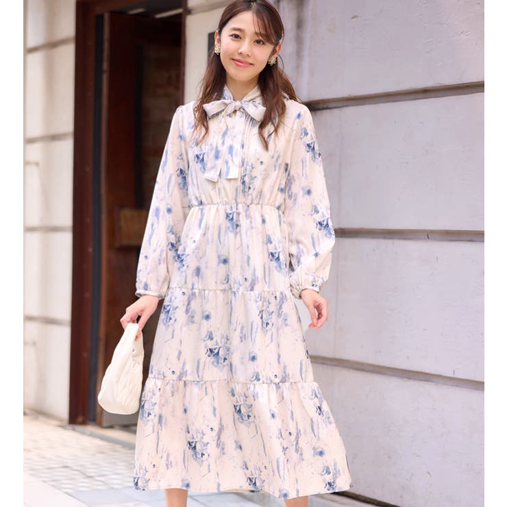 ニュアンス柄ボウタイ付ワンピース     | alotta | 詳細画像1 