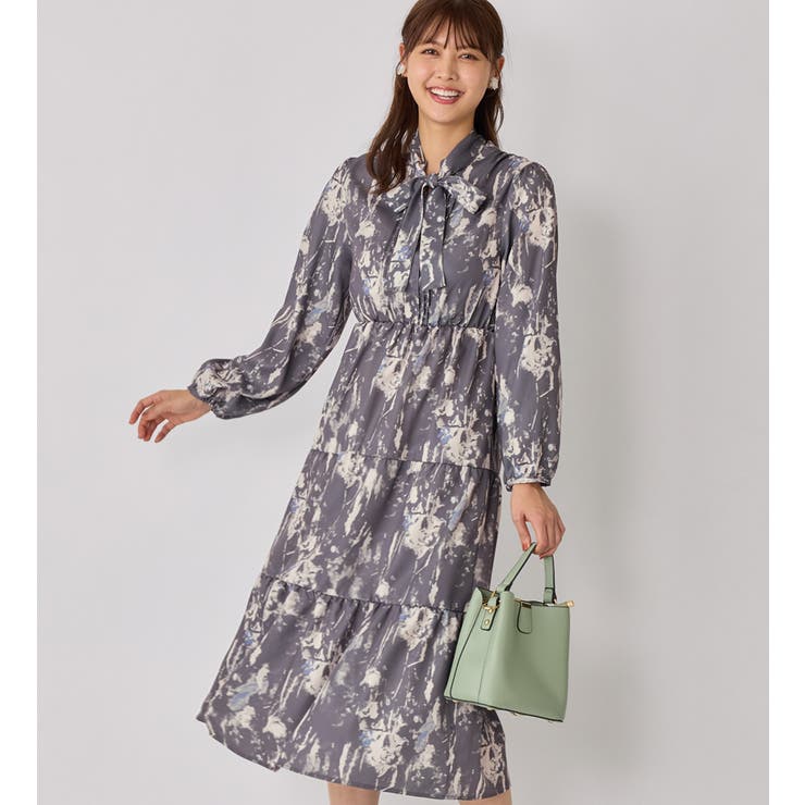 チャコール系 | ニュアンス柄ボウタイ付ワンピース     | alotta