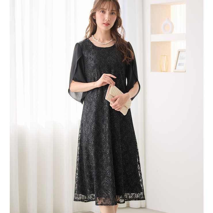 ブラック | 華やかラメレースチューリップ袖ワンピース | alotta