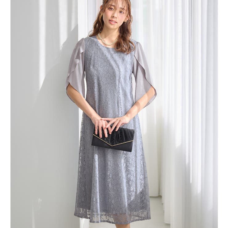 ブルー | 華やかラメレースチューリップ袖ワンピース | alotta