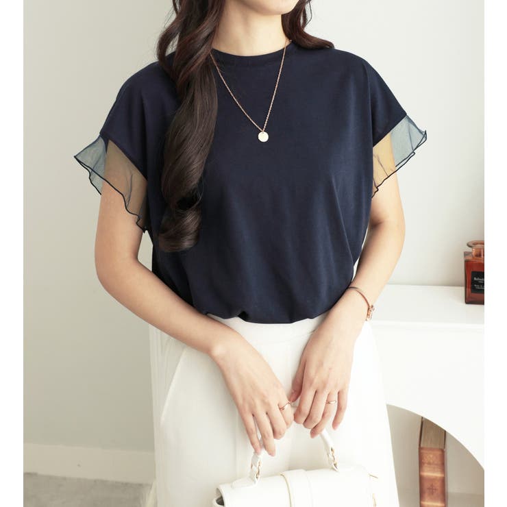 ネイビー | 袖チュールデザイン綿混Ｔシャツ | alotta