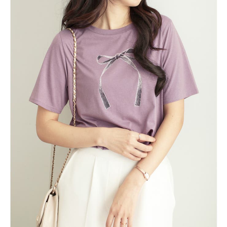 ラベンダーリボン | 大人かわいいプリント綿混Ｔシャツ | alotta