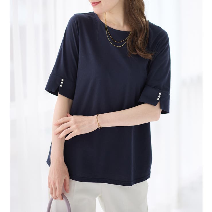 ５分袖パール調ボタンＴシャツ | alotta | 詳細画像4 