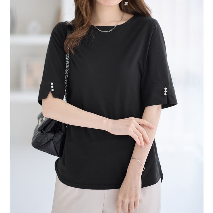 ブラック | ５分袖パール調ボタンＴシャツ | alotta