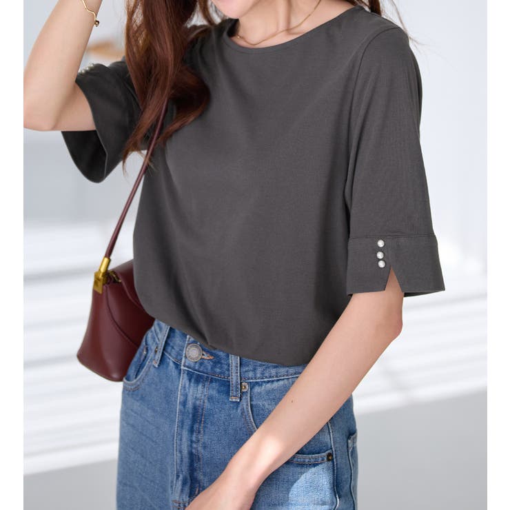 チャコール | ５分袖パール調ボタンＴシャツ | alotta
