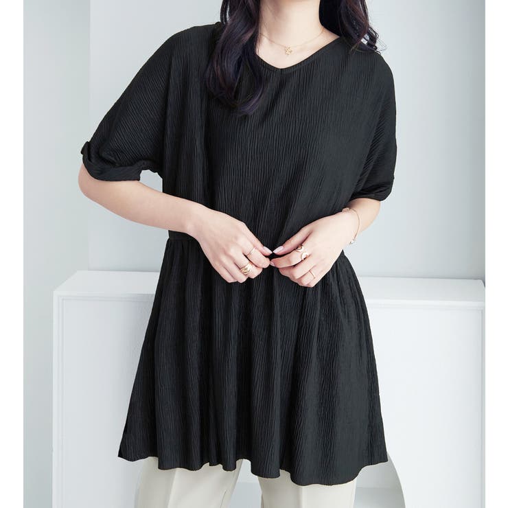 ブラック | 楊柳カットソーギャザーチュニック | alotta