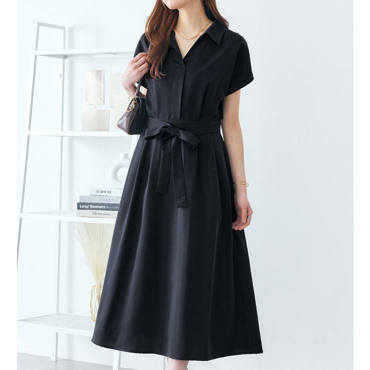 ネイビー | ベルト付ききれいめシャツワンピース | alotta
