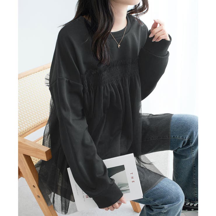 ブラック | １枚着映えチュール重ねダンボールトップス | Viola e Viola