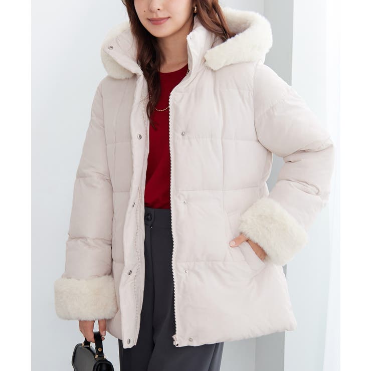 アイボリー | ファー付きミドル丈中綿コート | alotta