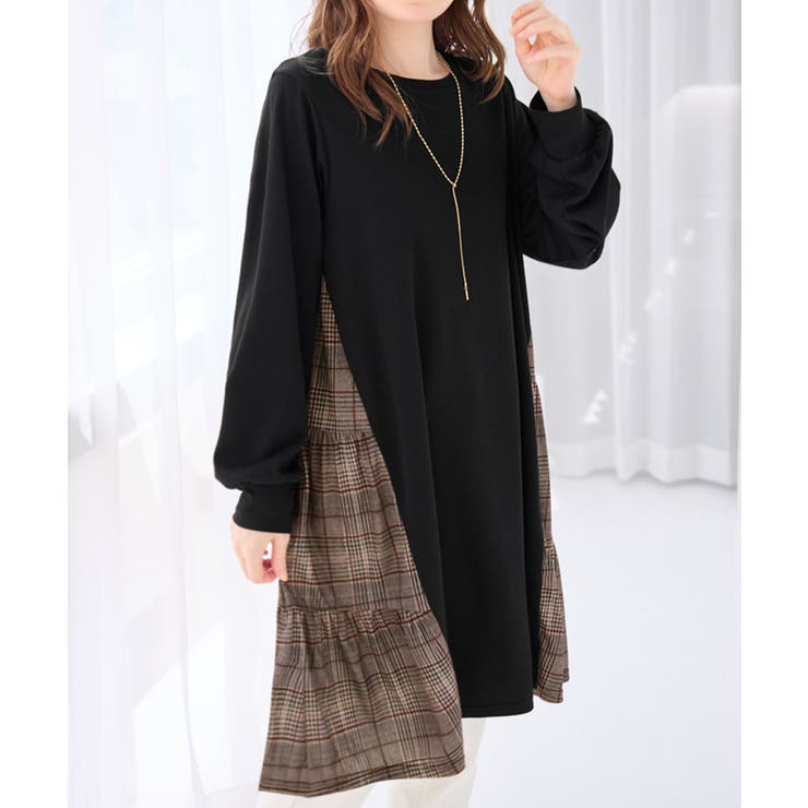 ブラウンチェック | 異素材切替チュニックワンピース | alotta