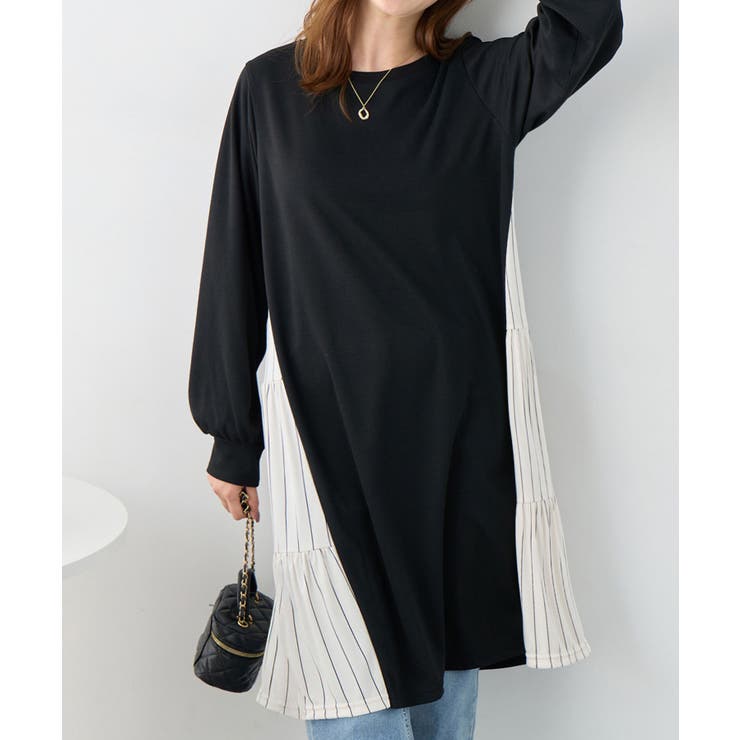 ストライプ | 異素材切替チュニックワンピース | alotta