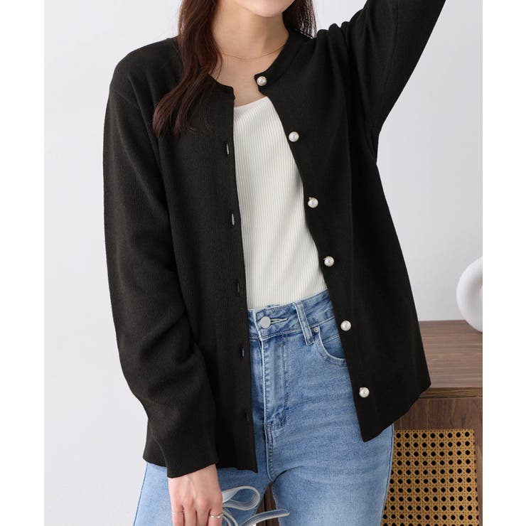 ブラック | パールボタンニットカーディガン ミドル  | alotta
