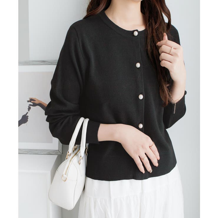 ブラック／ | パールボタンニットカーディガンショート | alotta