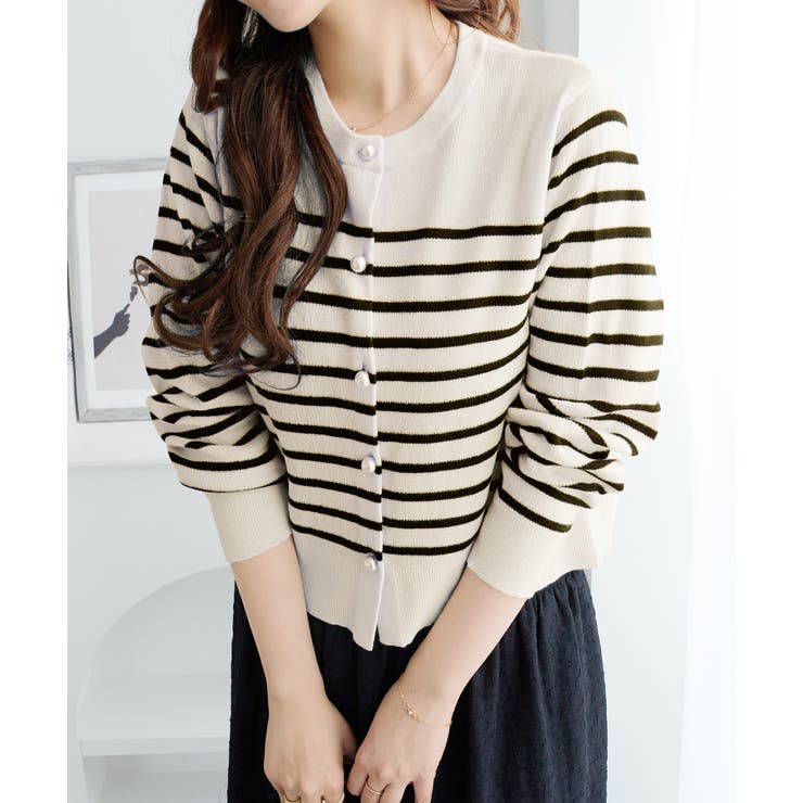 ボーダー／ | パールボタンニットカーディガンショート | alotta