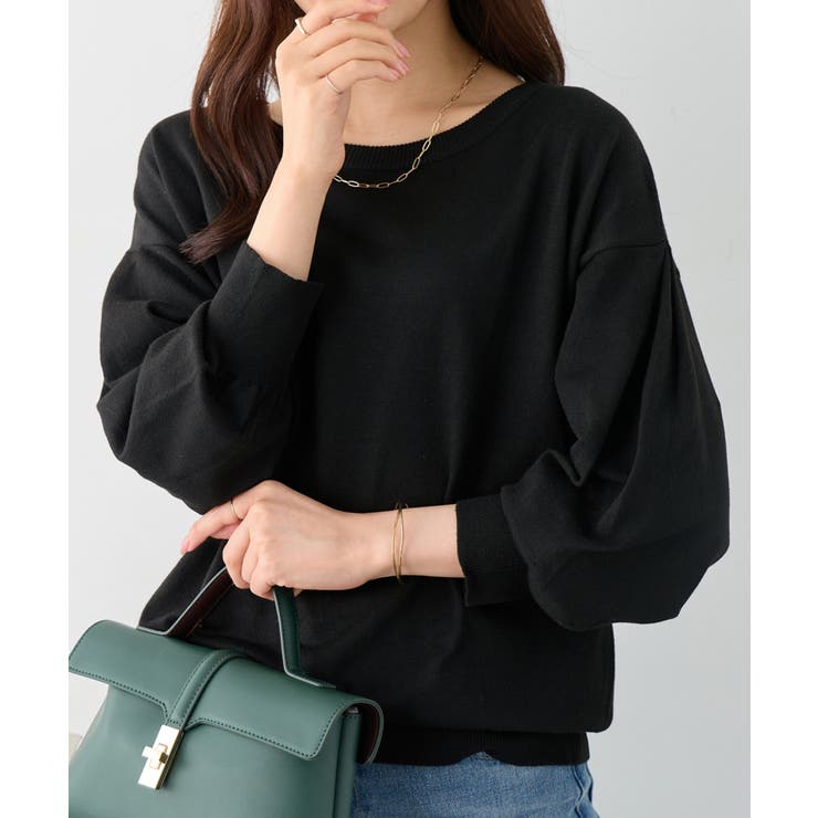 ブラック | パフ袖ゆるニットトップス | alotta