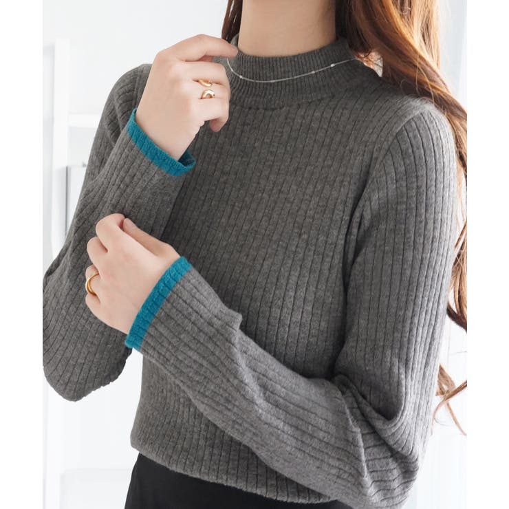 チャコール | もっちり袖配色リブニット | alotta