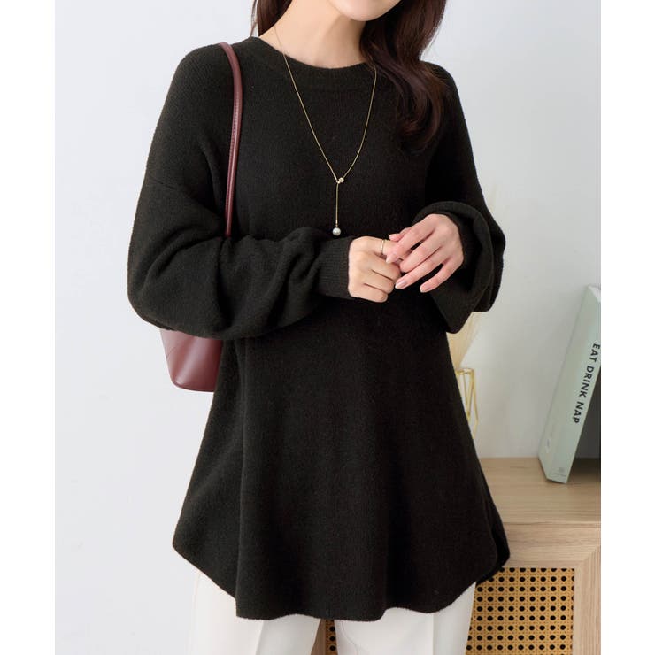 ブラック | ふんわり裾ラウンドゆるニットチュニック | alotta