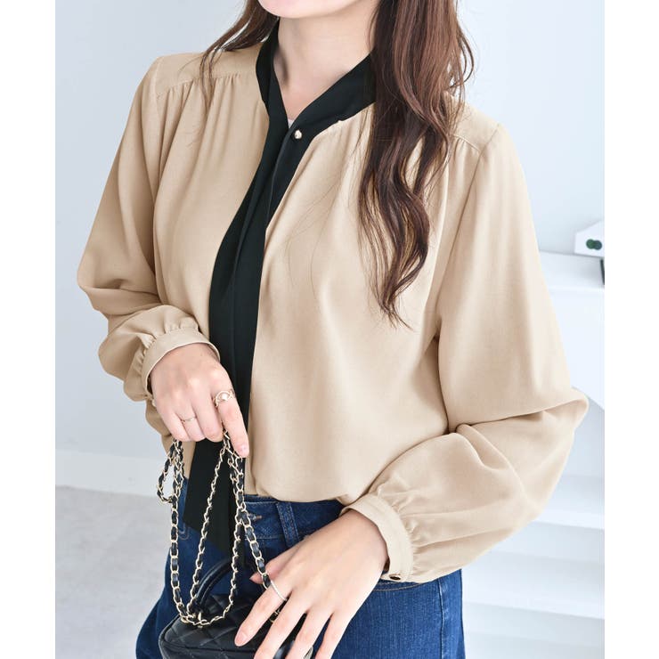 ベージュ | ３ＷＡＹピン付き配色ボウタイブラウス | alotta