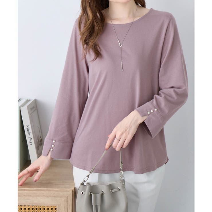 ８分袖パール調ボタンＴシャツ | alotta | 詳細画像8 