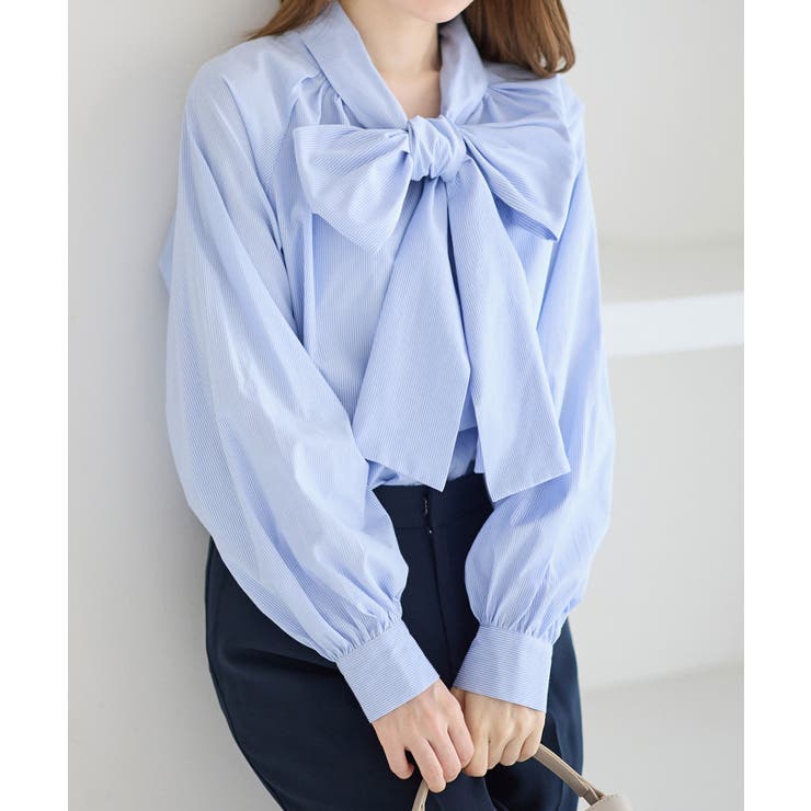 ブルーストライプ | 前後２ＷＡＹボウタイデザインシャツブラウス | alotta