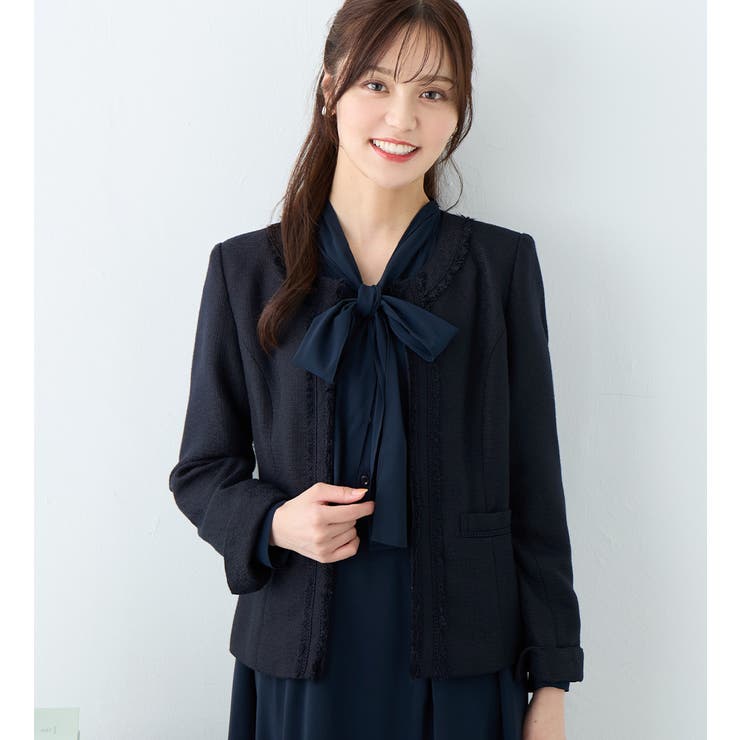 ネイビー系 | フリンジ使いツイードノーカラージャケット | alotta