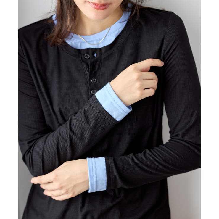 ブラック | １枚着映えレイヤード風ヘンリーネックリブトップス | Viola e Viola