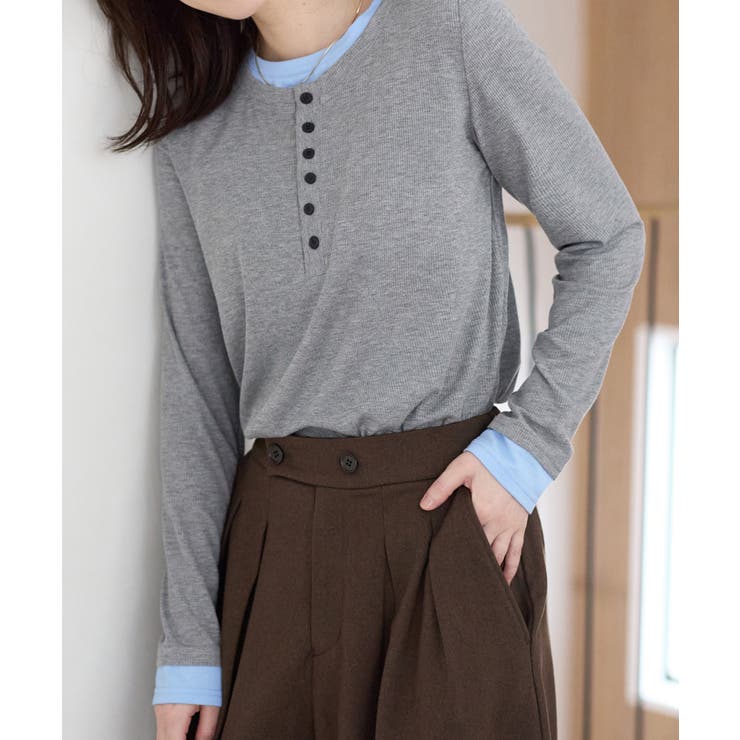 杢グレー | １枚着映えレイヤード風ヘンリーネックリブトップス | Viola e Viola