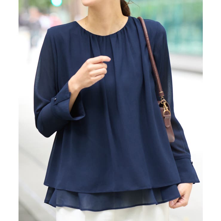 ネイビー | 裾フレア裏地付きシフォンブラウス     | Viola e Viola