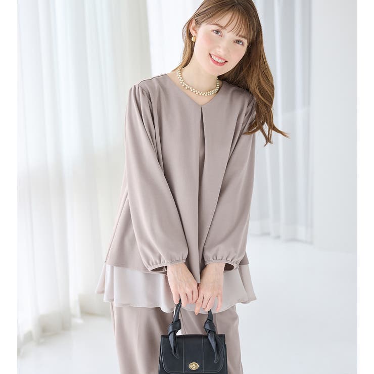 グレージュ | 【２点セット】シフォンレイヤードデザインセットアップ | alotta