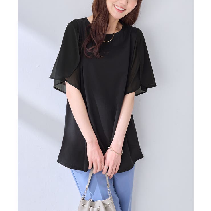 ブラック | 異素材切替チューリップ袖チュニック | alotta
