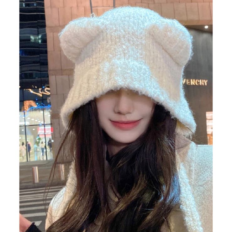 ニット帽 クマミミ ニットフード ボンネット風 韓国風トレンドスタイル