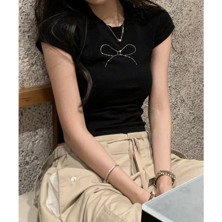 訳あり超特価の通販 ラインストーン リボン クロップド Tシャツ[品番：ALTB0002481 トップス