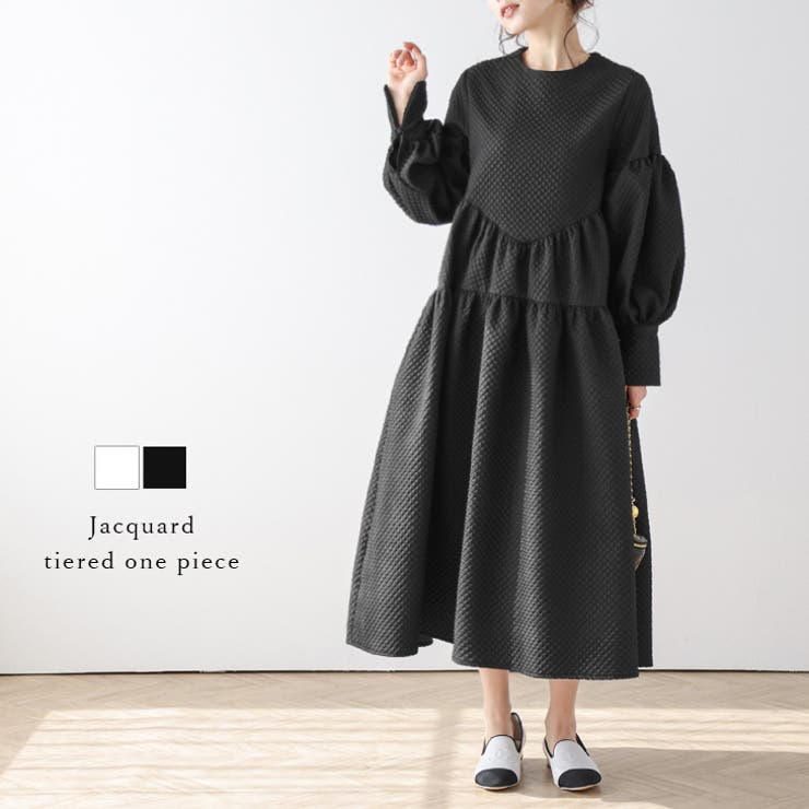 ティアードワンピース ふくれジャガード ボリュームスリーブ[品番  