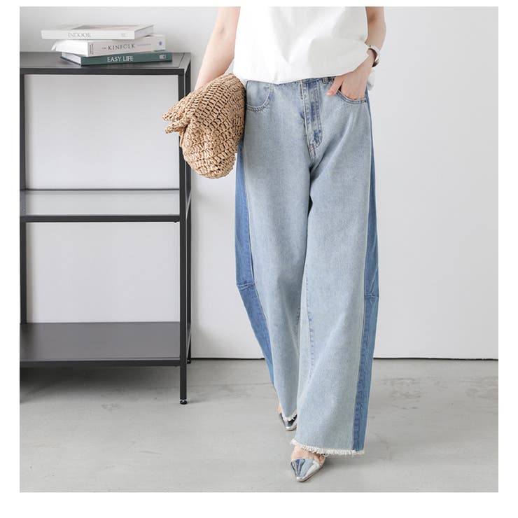 【未使用】フリンジヘム デニムワイドパンツ M フリンジヘム ワイドデニムパンツ ヴィンテージライク[品番