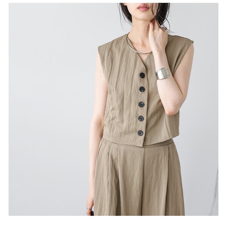 ショート丈ベスト ワイドタックパンツ セットアップ[品番