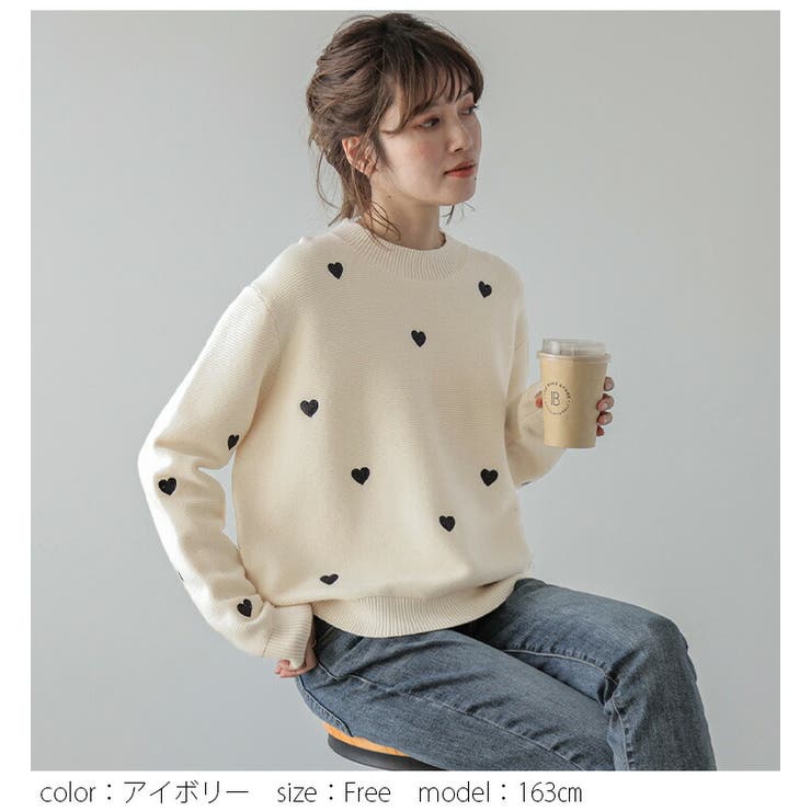 ハートニットトップス 刺繍 ラウンドネック[品番：AMLW0002550