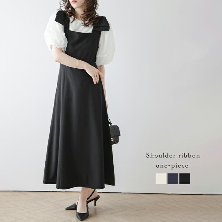 ショルダーリボン ワンピース Aライン[品番：AMLW0002829]｜AMELY