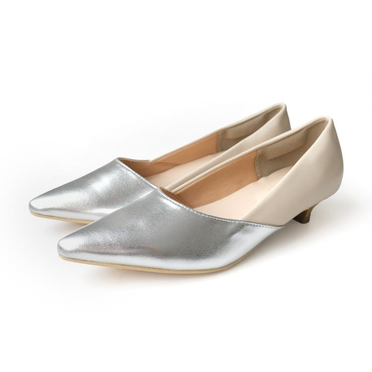 シルバー(PU)/アイボリー(PU) | コンビ ローヒール パンプス レディース | AmiAmi