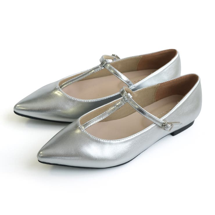 メタリックシルバー(スムース) | Tストラップ フラットパンプス レディース | AmiAmi